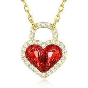 Gold Plated 925 Sterling Silver Heart Lock Ruby CZ Necklace 17.7in NWT